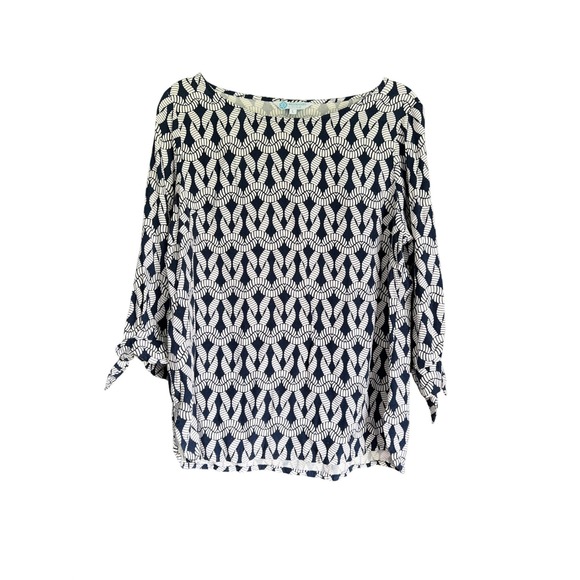 Escapada Living Tops - Escapada Living Navy White Geometric Rope Print Boatneck Tie Sleeve Blouse L